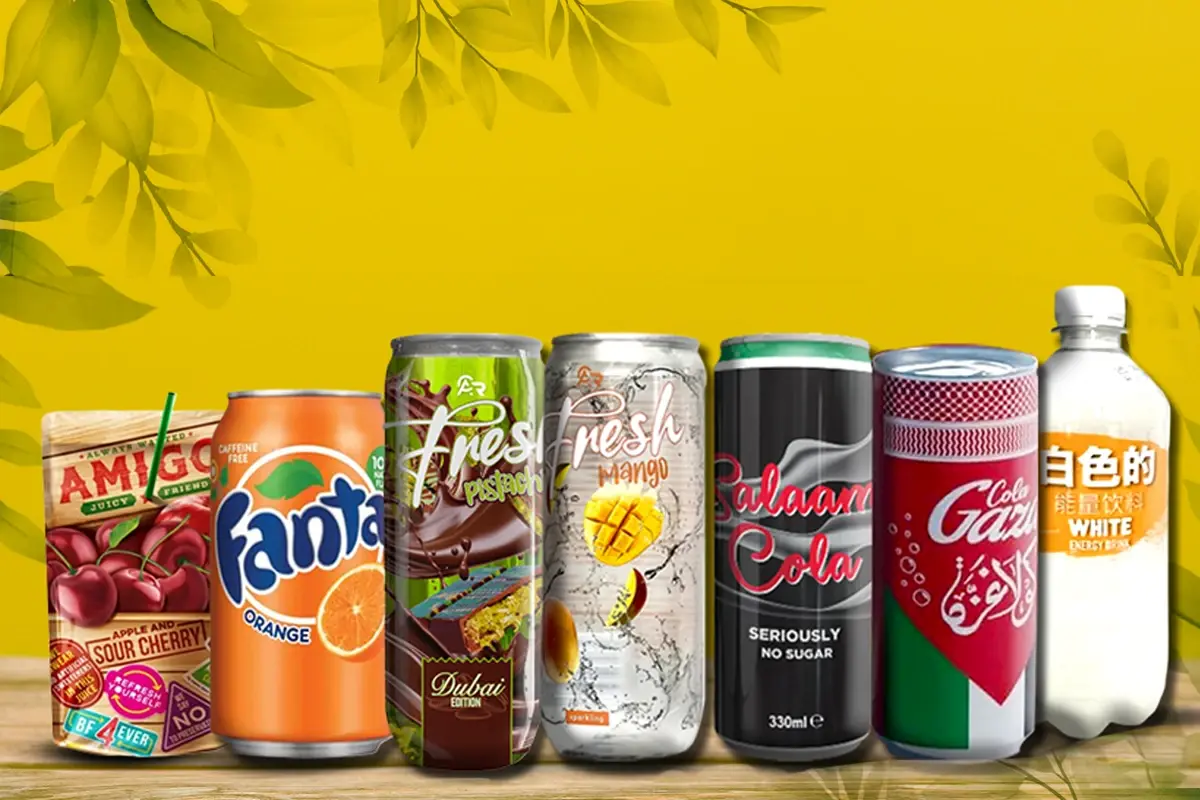 A colourful assortment of popular beverages including soft drinks, juices, and energy drinks, displayed against a vibrant yellow background with leafy accents, highlighting a variety of refreshing options.